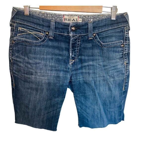Ariat Bermuda Real Denim Stretch Shorts Cowgirl Blue Frayed Hem Casual Western - Picture 1 of 10